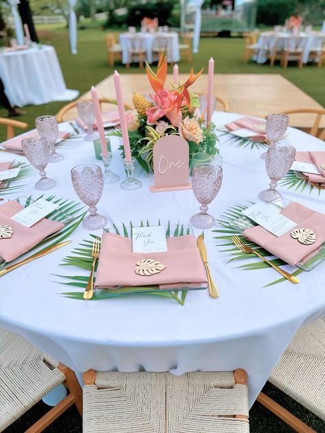 Tropical Wedding Table Decor Place Settings, Light Pink Tropical Wedding, Polynesian Party Decorations, 30a Elopement, Hawaiian Wedding Ideas, Tropical Table Decor, Coconut Wedding, Tropical Tablescape, Hibiscus Wedding