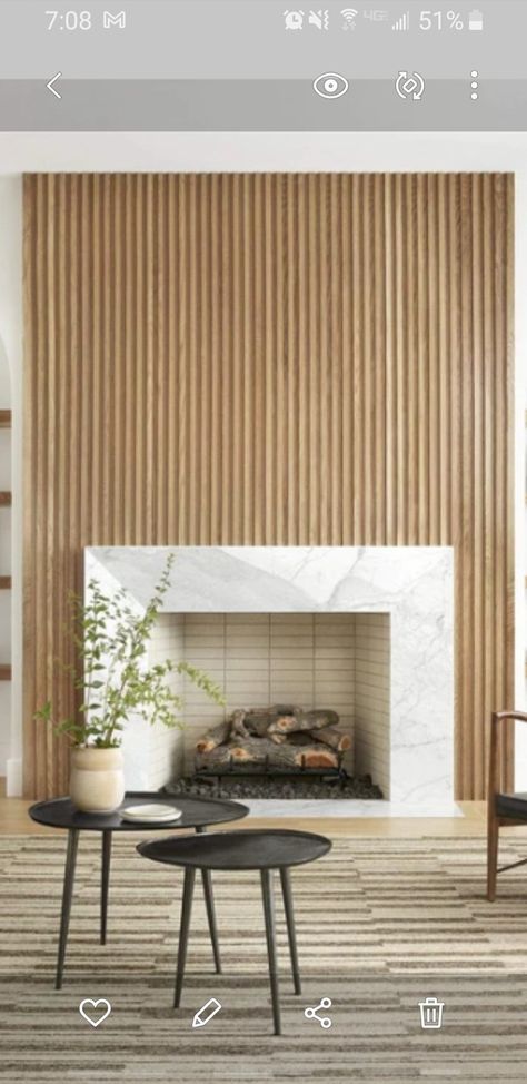 Mid Mod Fireplace, Fluted Tile Fireplace, Wood Slat Fireplace, Wood Slat Fireplace Wall, Mid Century Fireplace Makeover, Tile Around Fireplace, Mid Century Fireplace, Interior 2024, Fireplace Feature