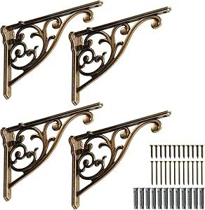 Khtumeware ornate decorative shelf brackets, 10 inch big wall mounted shelving bracket, 4 pack antique brass vintage metal heavy duty brackets Victoria wall bracket. (4, antique brass) Gold Shelf Brackets, Countertop Support Brackets, Brass Shelf Brackets, Black Shelf Brackets, Glass Shelf Brackets, Decorative Shelf Brackets, Rack Shelves, Brass Shelves, Wall Shelf Brackets