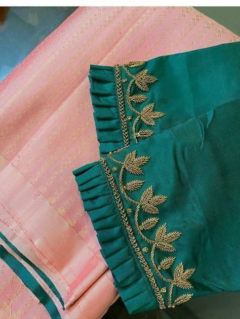 Machi Work Blouse Design Simple, Blouse Designs Latest Embroidery Work, Saree Blouse Hand Design, Khatliwork Blouse Design, Blouse Hand Work Designs Simple, Aari Work Peacock Designs, Machi Work Blouse, Latest Simple Blouse Work Designs, Simple Zardosi Work Blouses