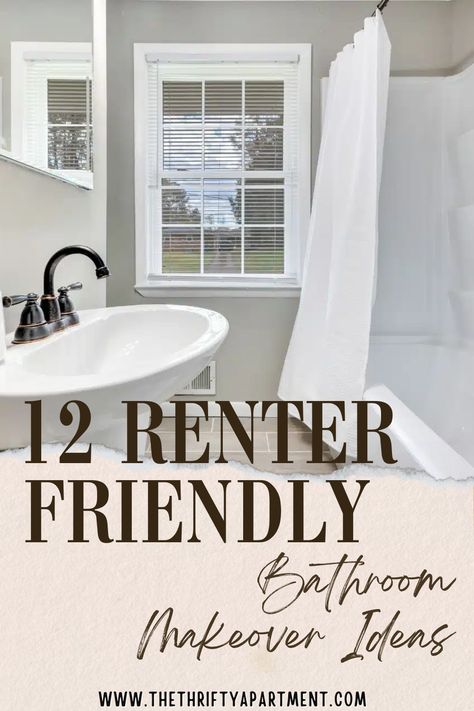 Decorating Rental Bathroom, Renting Bathroom Makeover, How To Update Bathroom On A Budget, Bathroom Makeover Ideas On A Budget, Half Bathroom Rental Ideas, Bathroom Decor Ideas Renter Friendly, Rental Home Decorating Bathroom, Renter Friendly Shower Makeover, Renter Friendly Bathroom Lighting