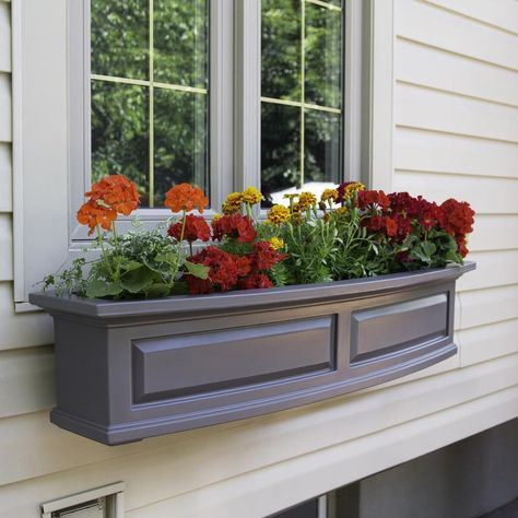 Outdoor Window Boxes, Molding Detail, Centerpiece Arrangements, Grey Windows, Outdoor Window, Nantucket Style, Box Flowers, Decorative Brackets, Brick Backsplash