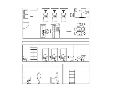 Barber shop design plan and elevation view dwg file Barber Shop Furniture, Barbershop Floor Plan, Salon Layout Ideas Floor Plans, Kids Barber Shop, Barber Shop Design, Barber Design, Plan And Elevation, Kids Barber, Cursive Writing Practice Sheets