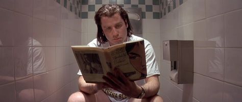 Bathrooms in the movies: Pulp Fiction John Travolta Pulp Fiction, Dead Snow, Vincent Vega, Toilet Humor, Film Grab, The Big Lebowski, John Travolta, Quentin Tarantino, Bathroom Art