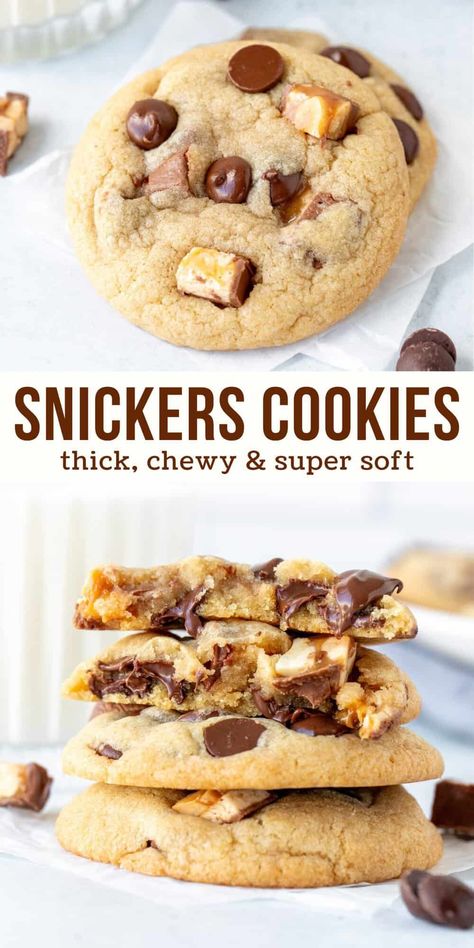 These Snickers chocolate chip cookies are soft, chewy and loaded with Snickers candy bars and chocolate chips. The Snickers pieces add bites of caramel, peanuts, nougat and chocolate for a delicious cookie that's impossible to resist. The recipe is super simple and made without a mixer, but be sure to give yourself enough time when making these cookies - as chilling the dough is essential! #cookies #snickerscookies #chocolatechipcookies #snickerschocolatechipcookies from Just So Tasty Snicker Doodle Recipe, Snicker Brownie Bites, Snickers Cookies Recipes, Snicker Doodle Cookie Recipe, Cookies With Snickers Inside, Loaded Cookies, Snickers Bars Recipe, Snickers Cookies, Candy Cookies Recipes