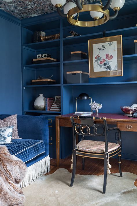 Beach House Office, Navy Blue Office, Feminine Space, Masculine Office, Stiffkey Blue, Blue Front Door, Desk Styling, Blue Office, Farrow And Ball Paint