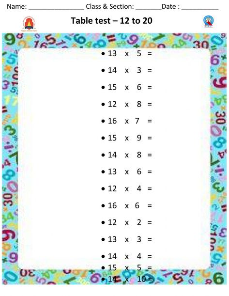 Tables test 12 to 20 worksheet Dodging Tables Worksheet, Place Value Worksheets, Holiday Homework, Time To The Hour, Math Interactive, Tens And Ones, Math Words, Pre School, School Subjects