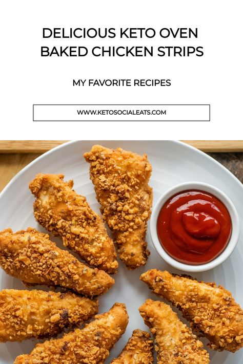 Keto oven baked chicken strips on a plate with a side of ketchup. Keto Chicken Pork Rinds Recipes, Baked Chicken Strips Oven, Keto Oven Baked Chicken, Low Carb Chicken Strips, Chicken Strips Baked, Keto Chicken Strips, Pork Rind Crust, Chicken Breast Strips Recipes, Keto Chicken Breast