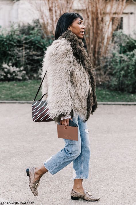 PFW Street Style I | Collage Vintage Outfits With Loafers, How To Style Loafers, Shaggy Fur Coat, Fashion Crop Tops, Shaggy Sweater, How To Wear Loafers, Pfw Street Style, Style Loafers, Neutral Sweaters