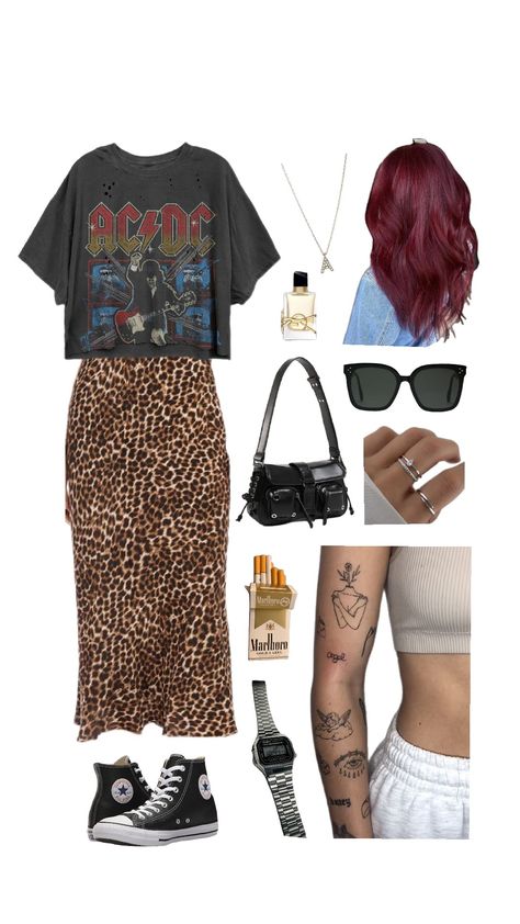 #grunge #bandtee #outfitinspo #skirtoutfit #converse #redhair Grungy Outfit, Outfit Concert, Summer Fits, Band Tees, Skirt Outfits, Red Hair, Rocker, Converse, Lookbook