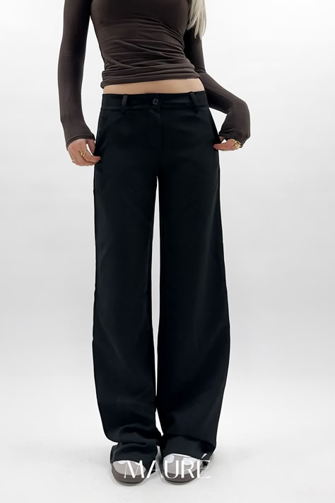 new pants low mid waist straight leg pants casual maurestore Black Pants Low Waist, Oversized Slacks Outfit, Black Wide Trousers Outfit, Tall Wide Leg Pants, Slacks Outfit, Low Waist Pants, Mid Waist Pants, Knit Jeans, Flowy Pants