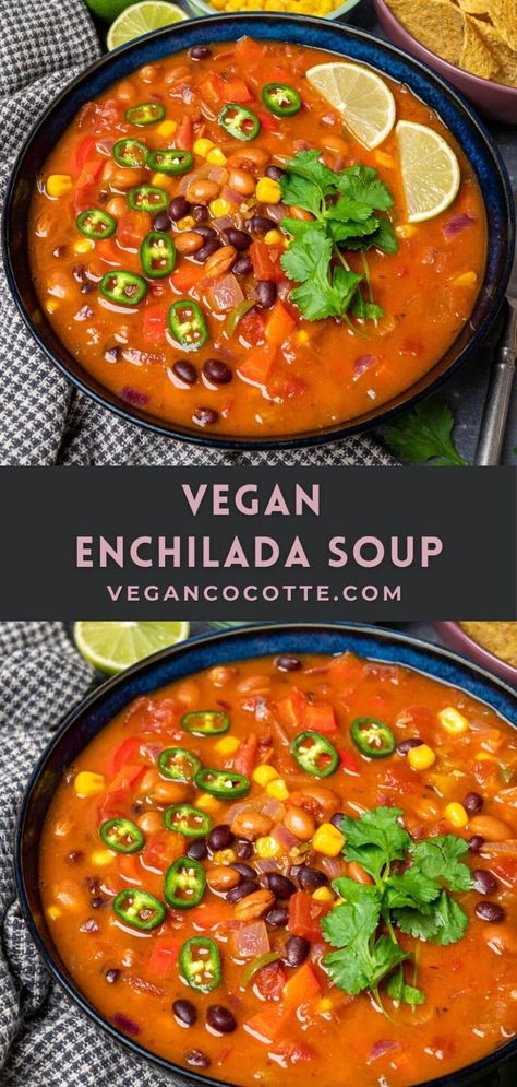 Vegan Enchilada Soup Gluten Free Enchilada Soup, Vegan Chicken Enchilada Soup, Vegan Enchilada Soup, Healthy Enchilada Recipe Vegetarian, Vegan Bean Enchiladas, Vegan Taco Soup, Easy Vegan Enchilada Casserole, Soups Vegan, Lenten Meals