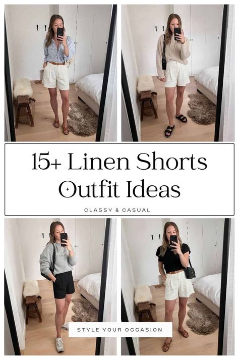 Sophisticated Shorts Outfits, Canvas Shorts Outfits, Womens Linen Shorts Outfit, Linen White Shorts Outfit, High Waisted Linen Shorts Outfit, Styling Black Linen Shorts, Black Linen Shorts Outfit Casual, Khaki Linen Shorts Outfit, White Linen Shorts Outfit Women