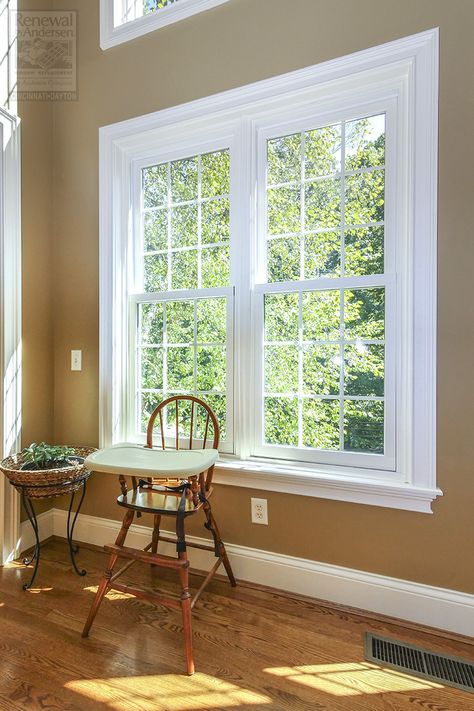 Large double hung window combination we installed in this gorgeous home . . . . . . . . . . Find out more about replacing your home windows -- Contact us today! (800) 581-4306 -- Renewal by Andersen Dayton Cincinnati Ohio . . . . . . . . . . Window Company Ohio / Replacement Windows / Double Window Combination / Kitchen Windows Double Window Trim Ideas Interior, Large Double Hung Windows, Granny Pad, Window Renovation, Double Windows, Reno House, Charming Dining Room, Vinyl Replacement Windows, Single Hung Windows