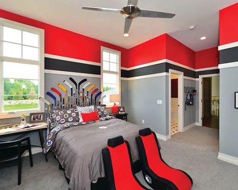 34 Teen Bedroom Ideas | Sebring Design Build | Design Trends Small Teen Bedroom, Hockey Bedroom, Build Design, Kids Interior Design, Teen Boy Bedroom, Design Blogs, Bedroom Red, Teenage Bedroom, Teen Bedroom Decor