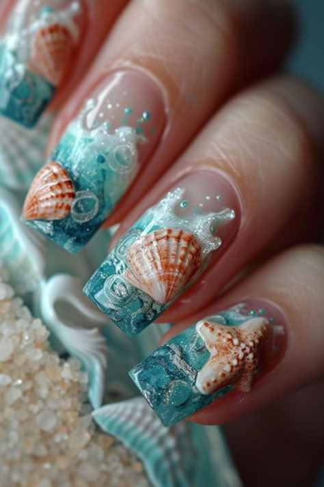 Beach Escape Nail Design Ideas For June Beach Theme Nails, Dickie Outfits, Water Nails Design, Beach Nails Vacation Ocean, Trendy Beach Nails, Beach Nails Vacation, Nail Competition, Ocean Nail Art, Nails June