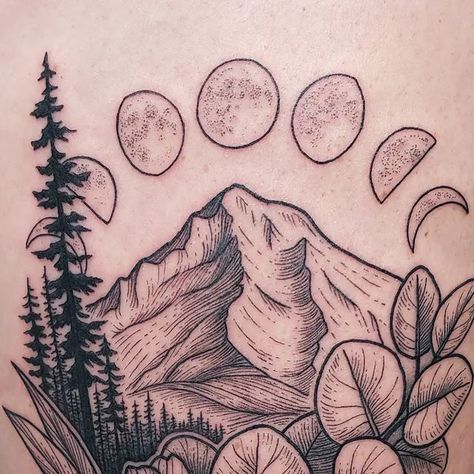 Lizzy Dalton on Instagram: "Custom Mt. Hood design with manzanita, iris, and moon phases. Always love a tattoo with mountains and botanicals! Thanks so much Nikki from bringing me this fun concept!  . #tattoo #blackworktattoo #lineworktattoo #etchingtattoo #woodcuttattoo #engravingtattoo #blackandgraytattoo #mountaintattoo #landscapetattoo #mthoodtattoo #botanicaltattoo #naturetattoo #portlandtattoo #pdxtattoo #pnwtattoo #oregontattoo" Mountain And Moon Tattoo, Mt Hood Tattoo, Tattoo With Mountains, Oregon Tattoo, Pnw Tattoo, Concept Tattoo, Portland Tattoo, Etching Tattoo, Woodcut Tattoo