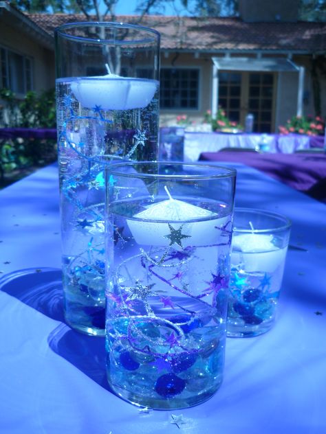 Photo via Project Wedding Starry Night Prom, Star Centerpieces, Galaxy Wedding, Starry Night Wedding, Blue Centerpieces, Quinceanera Decorations, Tafel Decor, Quinceanera Themes, Celestial Wedding