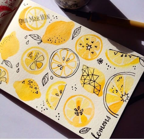 Lemon Watercolor, Arte Doodle, School Supply, Arte Sketchbook, Watercolor Inspiration, Bullet Journal Inspiration, Food Illustrations, Drawing Tips, الرسومات اللطيفة