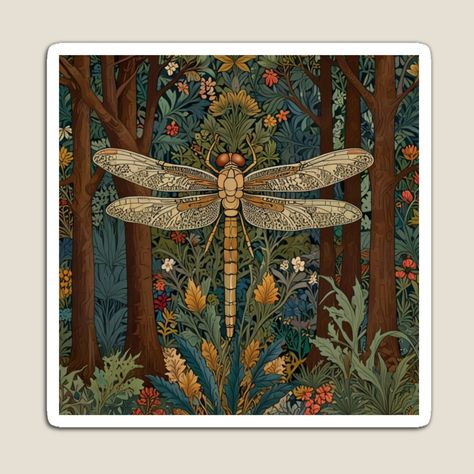 Get my art printed on awesome products. Support me at Redbubble #RBandME: https://www.redbubble.com/i/magnet/Vintage-art-nouveau-dragonfly-woodland-forest-botanical-garden-forest-by-hollycooper/161527281.TBCTK?asc=u Dragonfly Artwork, Garden Forest, Boho Chic Accessories, Art Nouveau Illustration, Forest Tapestry, Vintage Dragonfly, Flower Tile, Floral Tiles, Dragonfly Art