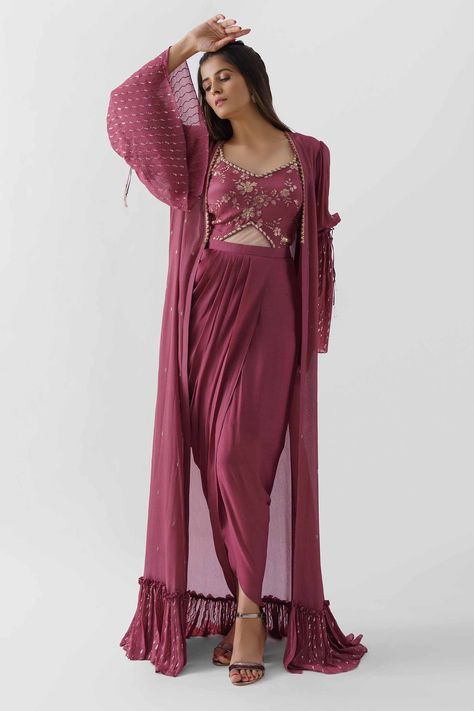 Shop for Suruchi Parakh Purple Georgette Crepe Draped Dress And Jacket Set for Women Online at Aza Fashions Drape Dresses Indian, Padded Dress, Dress With Jacket, Dress And Jacket Set, Drape Dress, Casual Wear Dress, Dress And Jacket, Dress Sequin, Party Wear Indian Dresses