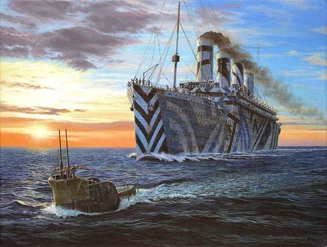 HMT Olympic and SM U-103, 12 May 1918, painting by Barry Spicer : titanic Analyze Art, Rms Olympic, Titanic Sinking, Dazzle Camouflage, Titanic History, Leading Lines, Titanic Ship, Visual Literacy, German Submarines