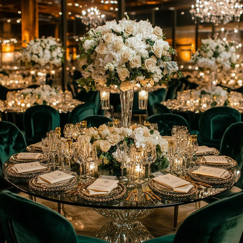 Elevate your wedding reception with this ultra-luxurious black-tie event decor, featuring lush white floral arrangements, emerald green velvet seating, and sparkling gold accents. Perfect for couples seeking an elegant and sophisticated vibe, this setup exudes timeless glamour. The stunning centerpieces and crystal accents create a breathtaking, unforgettable atmosphere. Save this pin for inspiration #LuxuryWedding #BlackTieWedding #WeddingInspiration #ElegantWeddings #GlamorousWedding Sage Green Black Tie Wedding, Elegant Green Wedding Decor, Hunter Green Gold And Ivory Wedding, Green And Silver Table Decor, Wedding Reception Ideas Green, Green Venue Wedding, Emerald Green Black And Gold Wedding Decor, Emerald Green And Gold Wedding Decor Receptions, Emerald Green Quinceanera Table Decor