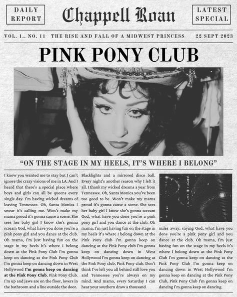 Pink Pony Club - Chappell Roan, newspaper digital wall print Chapelle Roan Pink Pony Club, Pink Pony Club Lyrics, Cute Aesthetic Posters For Room, Pink Pony Club Poster, Chapelle Roan Poster, Chappell Roan Print, Chappell Roan Pink Pony Club, Chappell Roan Art, Chappell Roan Poster