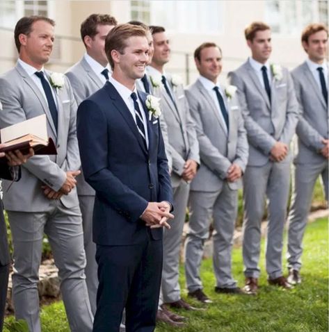 Jasen: Navy suit; Groomsmen & Officiant: Light grey suits w/ navy satin ties, brown shoes & belts Light Grey Suit Navy Tie, Grey Suit Navy Tie Wedding, Navy Groom And Grey Groomsmen, Navy Suit Grey Tie, Groomsmen Dark Grey Suit, Navy Blue And Light Grey Wedding, Navy Groom Grey Groomsmen, Navy And Grey Groomsmen, Navy And Grey Suit