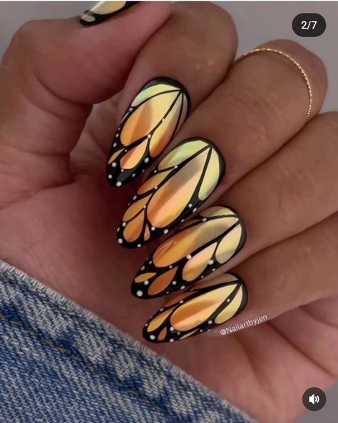 Yellow Butterfly Nails, Earth Day Nails, Monarch Nails, Moth Nails, Monarch Butterfly Nails, Orange Butterfly Nails Acrylics, Butterfly Wings Nails, Orange Butterfly Nail Designs, Butterfly Wing Nails