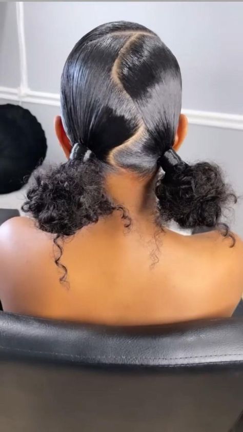 Curly Ponytail Styles For Black Women, Two Low Curly Buns With Weave, Sleek Natural Hairstyles Low Buns, Two Low Buns With Weave, Sleek Messy Bun Black Women, Big Bun Hairstyles Black Women, Four Buns Hairstyle, Low Puffy Ponytail, Two Low Buns Black Women