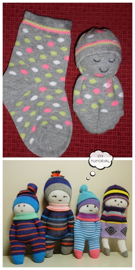 DIY Sock Doll Free Sewing Patterns + Video Easy Sock Doll How To Make, Doll Made From Socks, No Sew Sock Crafts, How To Make A Sock Doll, Sock Dolls Diy Easy No Sew, Sock Dolls How To Make, Sock Crafts No Sew, Sock Recycling, Sock Stuffed Animals Diy