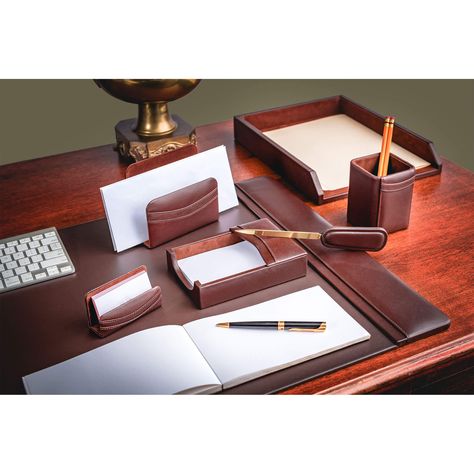 This 7-piece desk set comes complete with a selection of our most popular accessories. You'll receive one of our hugely popular 34"x 20" desk pads, complemented by a perfectly matching letter tray, pencil cup, letter holder, memo holder, letter opener, and business card holder. #deskset #home #office #leather #desk #accessories #giftideas #gifts Desk Accessories For Men, Leather Office Accessories, Leather Desk Accessories, Popular Accessories, Leather Desk Pad, Wood Table Design, Work Office Decor, Memo Holder, Letter Tray