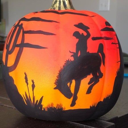 We went western.... mailing this one out today... 🎃 #madewithmichaels michaelsstores rustoleum #pumpkinart #halloween Pumpkin Painting Western, Country Pumpkin Painting, Cute Western Pumpkin Painting Ideas, Horse Pumpkin Painting, Western Painted Pumpkins, Pumpkin Painting Ideas Western, Country Pumpkin Painting Ideas, Country Pumpkin Carving Ideas, Western Pumpkin Painting Ideas