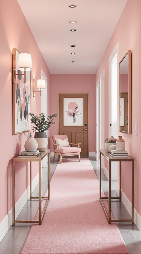 Pink Room Decor Light Pink Hallway, Pink Hallways, Luxury Hallway Entrance, Pink Hallway Ideas, Pastel Pink House, Pink Home Interior, Pink Entrance, Pastel Scandi, Pink Room Decor Ideas