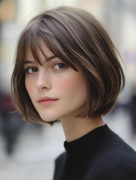 Chin-Length Haircuts: Versatile Styles for Every Face Shape and Hair Type Short Chin Length Hair With Bangs, Haircut For Narrow Face, Curtain Bangs Chin Length, Haircolor 2025 Women Trends, Chin Length Haircuts With Bangs, Chin Length Bob Fine Hair, Short Length Haircut With Bangs, Short Hair For Long Face Shape, Short Hairstyle Women Long Face