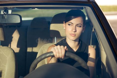 Woman driving her car in the evening. Beautiful happy woman driving her car in t #Sponsored , #AD, #Sponsored, #driving, #happy, #woman, #car Driving Car Pose Reference Drawing, Driving Car Reference, Driving Pose Reference, Person Driving Car, Driving Illustration, Driving Test Tips, Loading Animation, Test Tips, Woman In Car