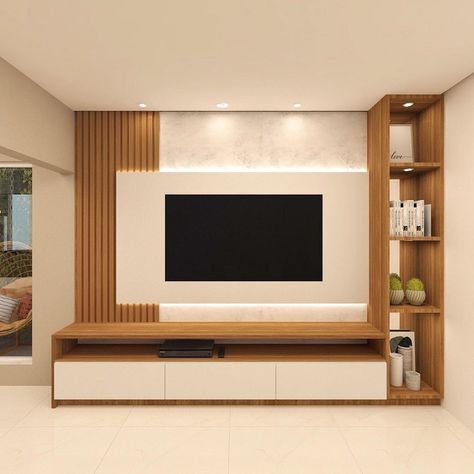 Back Tv Wall Decor, Tv Wall Design Room, Tv Unit With Partition Design, Tv Unit Modern Luxury, Tv Unit Decor Modern, Minimal Tv Wall Design, Modern Tv Console Design, Hall Tv Unit Design Modern, Tv Unit With Shelves