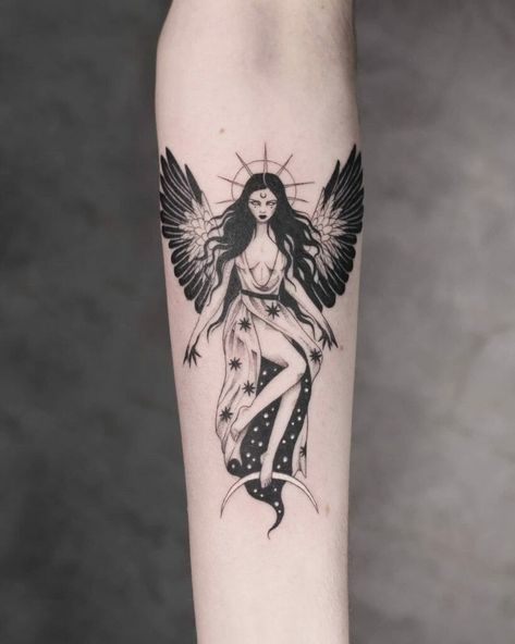 Female Goddess Tattoo, Nyx Tattoo, Goddess Tattoos, Greek Goddess Tattoo, Illusion Tattoo, Female Goddess, Norse Mythology Tattoo, Illusion Tattoos, Optical Illusion Tattoos