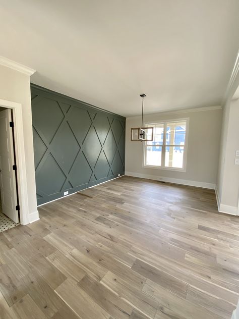 Accent wall SW7622 Homburg Gray. Main walls SW9166 Drift of Mist Grey Accent Wall, Dining Room Accents, Accent Wall Colors, Room Accent Wall, Accent Wall Designs, Entrance Modern, Entrance Interior, Small Hallway, Accent Walls In Living Room