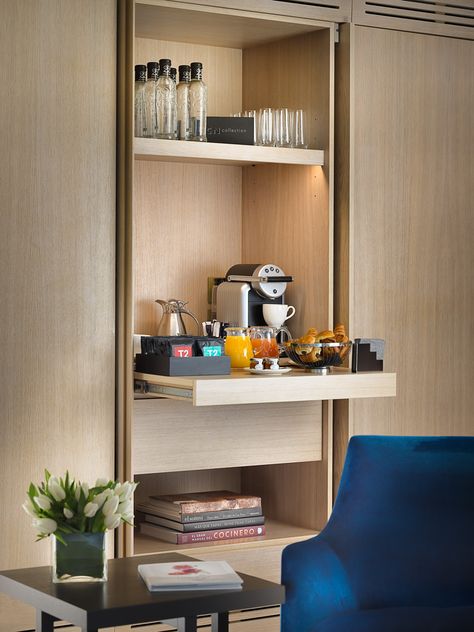 The One Barcelona | Photos and videos | H10 Hotels Hotel Room Coffee Bar, Hotel Room Mini Bar, Mini Bar Hotel, Hotel Kitchenette, Hotel Minibar, Barcelona Photos, Hallway Table Decor, One Hotel, Hotel Room Interior