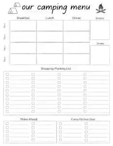 Camping Meal Plan Template for Easy Outdoor Cooking + 15 Menu Planning Tips | HikingInMyFlipFlops Camping Menu Planner Free Printable, Camping Meal Planner Free Printable, Camping Grocery List, Camping Meal Plan, Camping Meal Planner, Menu Planning Template, Free Printable Menu, Camping Meal Planning, Meal Plan Template