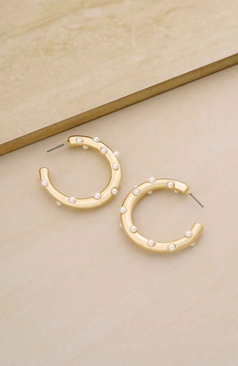 Shiny imitation pearls stud a pair of glamorous hoop earrings plated in high-shine 18-karat gold. 18k-gold plate/acrylic Imported Resin For Beginners, Diy Resin Coasters, Preppy Jewelry, Reflecting Light, Hoop Earrings Style, Resin Coasters, Jewelry Accessories Ideas, Diy Resin, Pearl Hoop Earrings