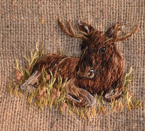 Wildlife Embroidery, Bison Embroidery, Hunting Embroidery, Moose Embroidery, Elk Embroidery Pattern, Embroidered Woodland Creatures, Elk Cross Stitch, Wool Embroidery, Hat Embroidery