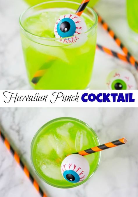 Hawaiian Punch Cocktail - Halloween cocktails are so much fun!  This starts with green Hawaiian punch, and has a version for adults and the kids! Halloween Nonalcoholic Punch, Green Alcoholic Punch For A Party, Hawaiian Punch Cocktail, Green Punch For Kids, Halloween Cocktails Punch Bowl, Halloween Alcoholic Punch Bowl, Green Halloween Punch For Kids, Green Punch Recipe, Green Halloween Alcoholic Punch