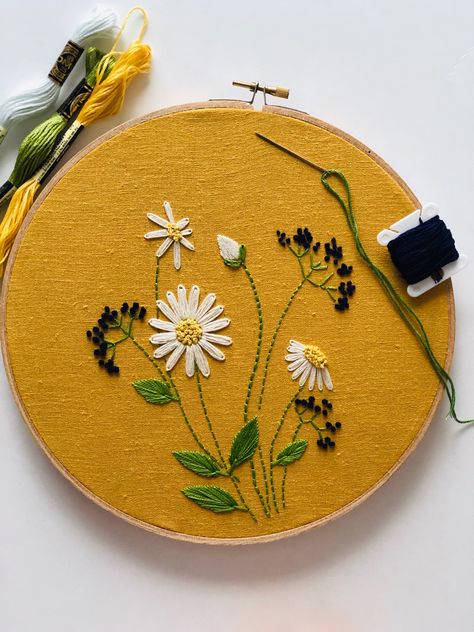 Embroidery On Yellow Fabric, Card Boards, Tassels Tutorials, Yellow Tote Bag, Yellow Embroidery, Green Birthday, Simple Hand Embroidery Patterns, Simple Embroidery Designs, White And Blue Flowers