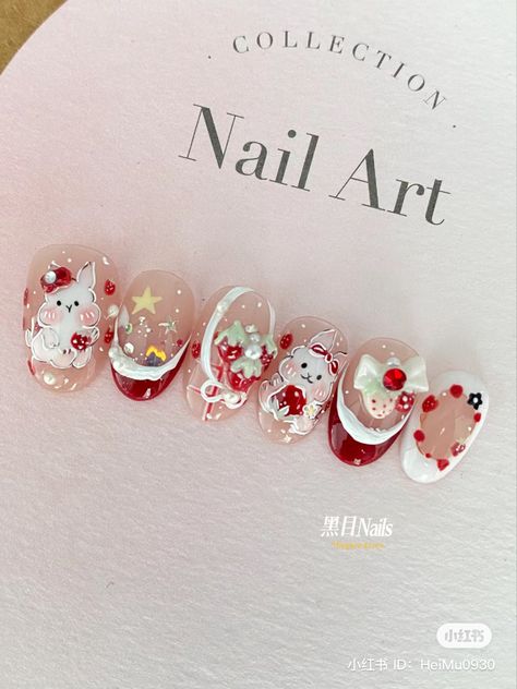 Japanese Christmas Nails, Nail Noel Christmas, Kawaii Christmas Nails, Noel Nail, Nailart Christmas, Nail Noel, Fancy Nail Art, Eye Nail Art, Bunny Nails