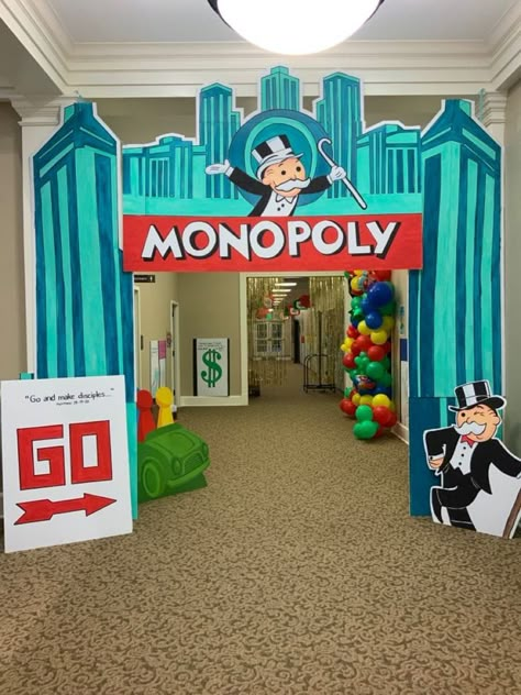 Monopoly Jail Photo Booth, Monopoly Decorations Diy, Monopoly Party Theme, Life Size Monopoly Game Diy, Monopoly Homecoming Hallway, Monopoly Themed Party Decor, Monopoly Hallway Decorations, Game Theme Decorations, Post Prom Games