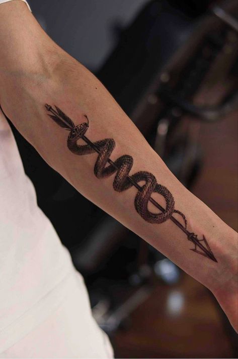 Arrow With Snake Tattoo, Snake Tattoo For Man, Mens Snake Tattoo Leg, Snake With Arrow Tattoo, Arrow Snake Tattoo, Men Snake Tattoo Ideas, Snake Tattoos For Men On Arm, Tatoos Men Hand Arm, Snake Tatoo Man