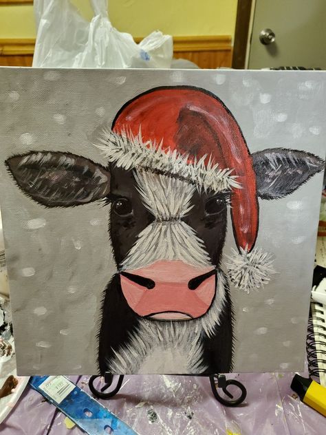 Cow With Santa Hat Painting, Cow Christmas Painting, Christmas Window Painting, Cow Christmas, Brown Cow, Cow Canvas, Christmas Painting, Paint Night, Canvas Ideas